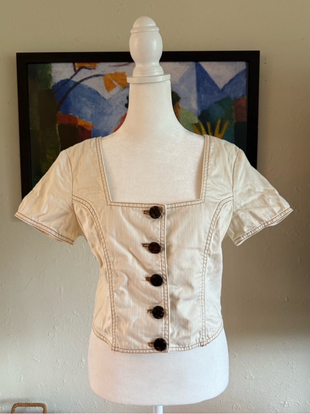 Maeve Cream Short-Sleeve Button Front Crop Top